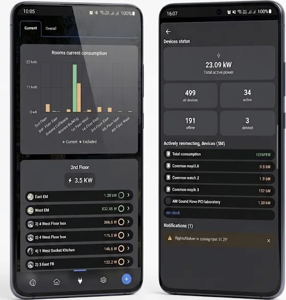 Shelly Smart Control on two phones, showing room energy use and live device status.