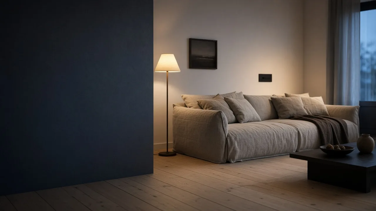 A quiet modern living room at dusk, with a single wall switch and a warm lamp.